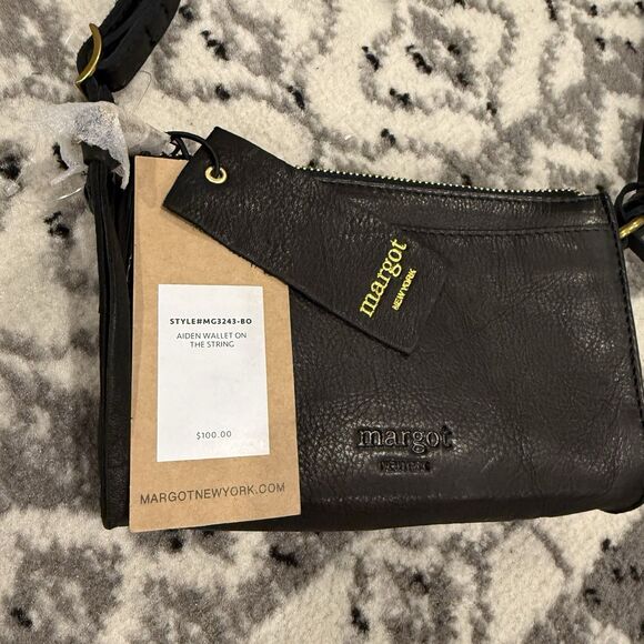MARGOT Black Genuine Leather Crossbody shoulder Bag Aiden Wallet On String NWT - Picture 2 of 11
